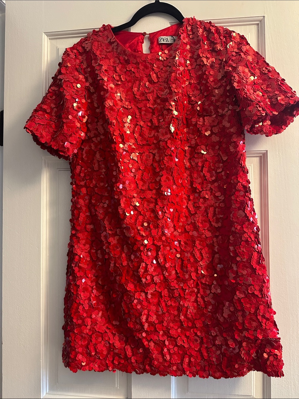 ZARA Red Sequin Short-Sleeve Party Dress size medium